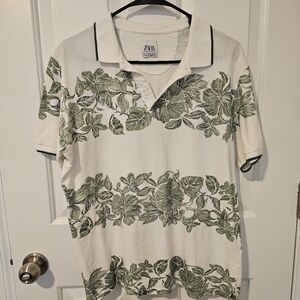 Zara Men's Green Leaf Print Cotton Polo Shirt Size L